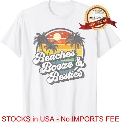 Beaches Booze and Besties T-Shirt Funny Retro 70s Beach Womens Gift Graphic Tee