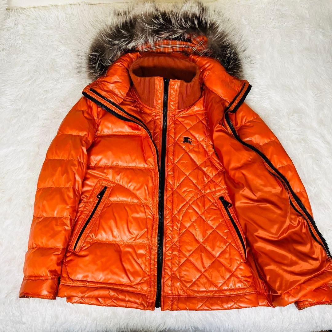 Burberry Black Label Down Jacket Nova Check Fur-Trim Orange Used thumbnail 3