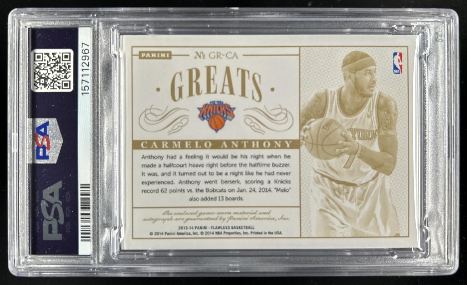 2013-14 Flawless Carmelo Anthony Greats Dual Patch Auto #/25 Knicks PSA 9 view 2