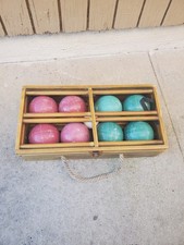 Vintage Sportcraft  Bocce Ball Set 4" With Wooden Storage Case 19 9.5 4.5"
