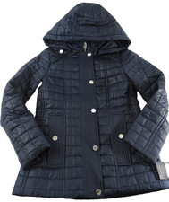 London Fog Women Quilted Puffer Jacket PXS New Navy Blue Silver Button hooded