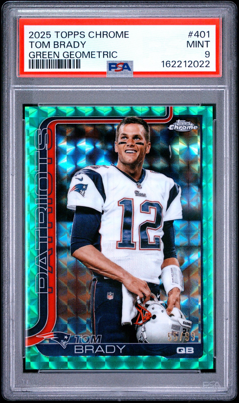 2025 TOPPS CHROME GREEN GEOMETRIC #401 TOM BRADY 55/99 PSA 9 view 1