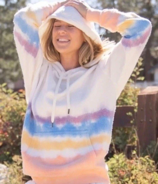 FEAT Women’s tie dye pullover soft hoodie mid weight sweatshirt rainbow white M