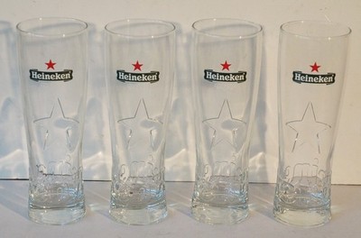 4 NEW Red Star w Raised Emblem 16-oz HEINEKEN BEER DRINKING GLASSES