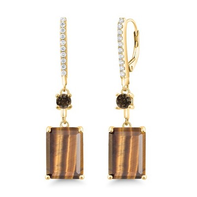 13.82 Ct Brown Tiger Eye Smoky Quartz 18K Yellow Gold Plated Silver Earrings