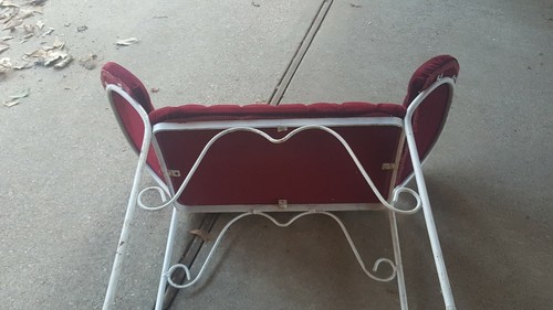 Vintage Wrought Scroll Iron Italian Regency Vanity Bench Seat Wine Velvet - Picture 7 of 8