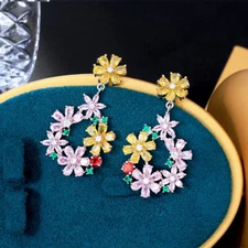 Yellow Pink CZ Crystal 925 Sterlings Silver Big Flower Drop Earring for Wedding