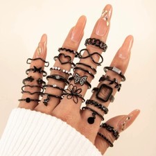 Bulk Lot 44pcs Black Plated Flower Wave Rings Women Trendy Hollow Out Charm Gift