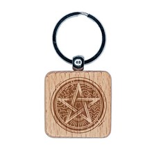 Pentacle Star of Elements Magical Talisman Symbol Engraved Wood Square Keychain