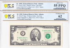 1995 $2 Federal Reserve Star Note Fr. 1936-F* - PCGS UNC 62 & AU 55 PPQ Pair