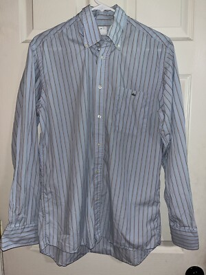 LACOSTE Shirt Mens  40 Lt Blue Long Sleeve Button up Striped Prep Logo
