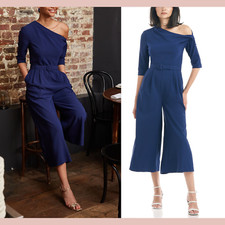 NEW $258 Kay Unger [ 6 ] Tori Tea-Length One Shoulder Jumpsuit in Navy Blue J859