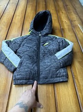 Nike Little Kids Chevron Cinched Puffer Jacket Epic EUC Gray White Yellow XS