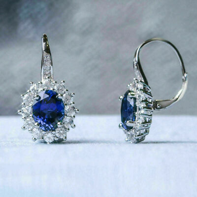 3Ct Oval Cut Tanzanite Diamond Halo Drop & Dangle Earrings 14K White Gold Finish