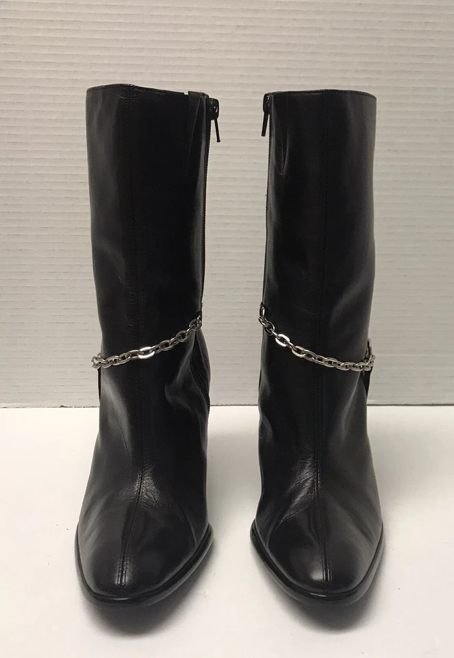Botines Hillard & Hanson Talla 6.5M Cuero Negro Cadena Acento Punta Foto 3 de 4