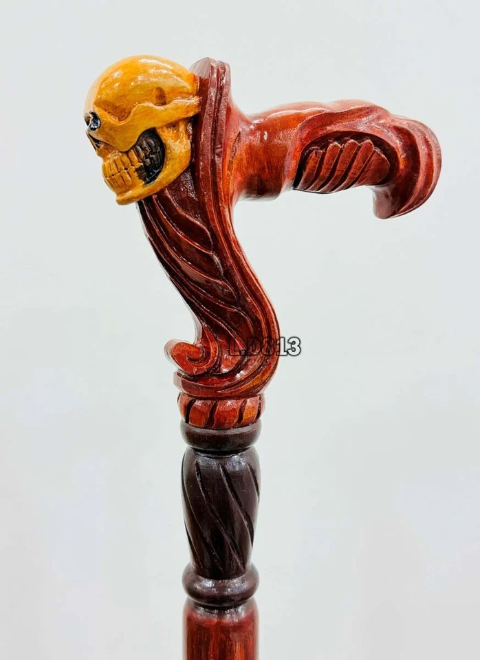 Bastón de madera cara calavera color amarillo náutico bastón tallado a mano hecho a mano Foto 3 de 4