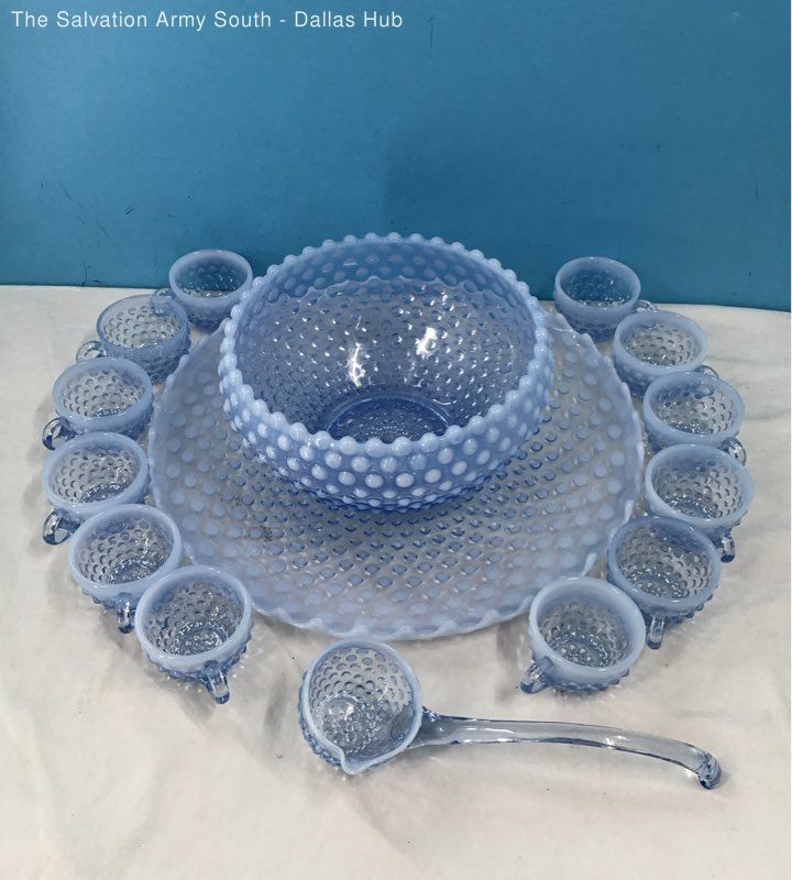 Blue Opalescent Hobnail Punch Bowl With 12 Cups, Ladle & Tray eBay