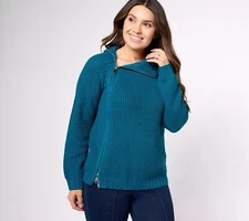 Women with Control Attitudes by Renee Zip Rib Sweater Teal XS New