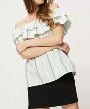 EX DOROTHY PERKINS PASTEL STRIPE DOUBLE RUFFLE BARDOT TOP PETITE NEW (199) SALE