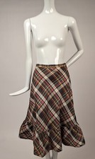 ANTIQUE LATE 1930  S CRISP BROWN PLAID TAFFETA SKIRT W RUFFLE BOTTOM