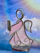 Vintage  STANDING Stained Glass PINK ANGEL HOLDING A BOOK Figurine EUC