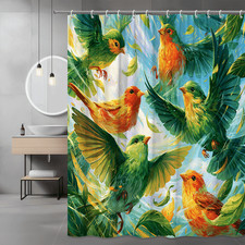 Colorful Birds and Leaves Shower Curtain, Tropical Graphic Print