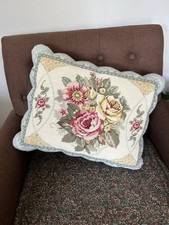 Floral Needlepoint Pillow Roses Pink Yellow Large Scallop Edge Zip Velvet Back