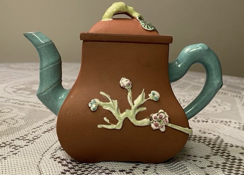 Vintage Handmade Asian Pine-Plum-Bamboo Clay Teapot With Colorful Glaze