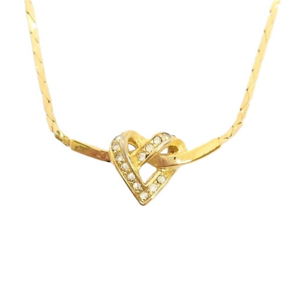Vintage Christian Dior Y0618 Gold Heart Rhinestone Necklace