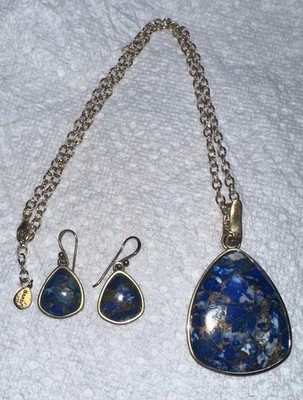 STUDIO BARSE LAPIS GOLDTONE PENDANT/NECKLACE PIERCED EARRINGS SET DARK BLUE