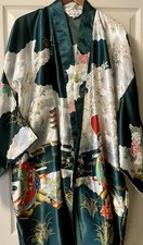 Satin Kimono Robe Geisha Floral Pagoda Japanese Style Green Lounge Boho OS