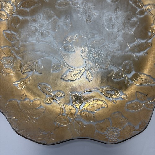 Vintage Etched Glass Plate 11” Gold Floral Scalloped Edge Mid-Century - Picture 3 of 10