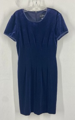 VTG John Roberts Womens Velvet Navy Blue Short Sleeve Pleated midi Dress Size 6