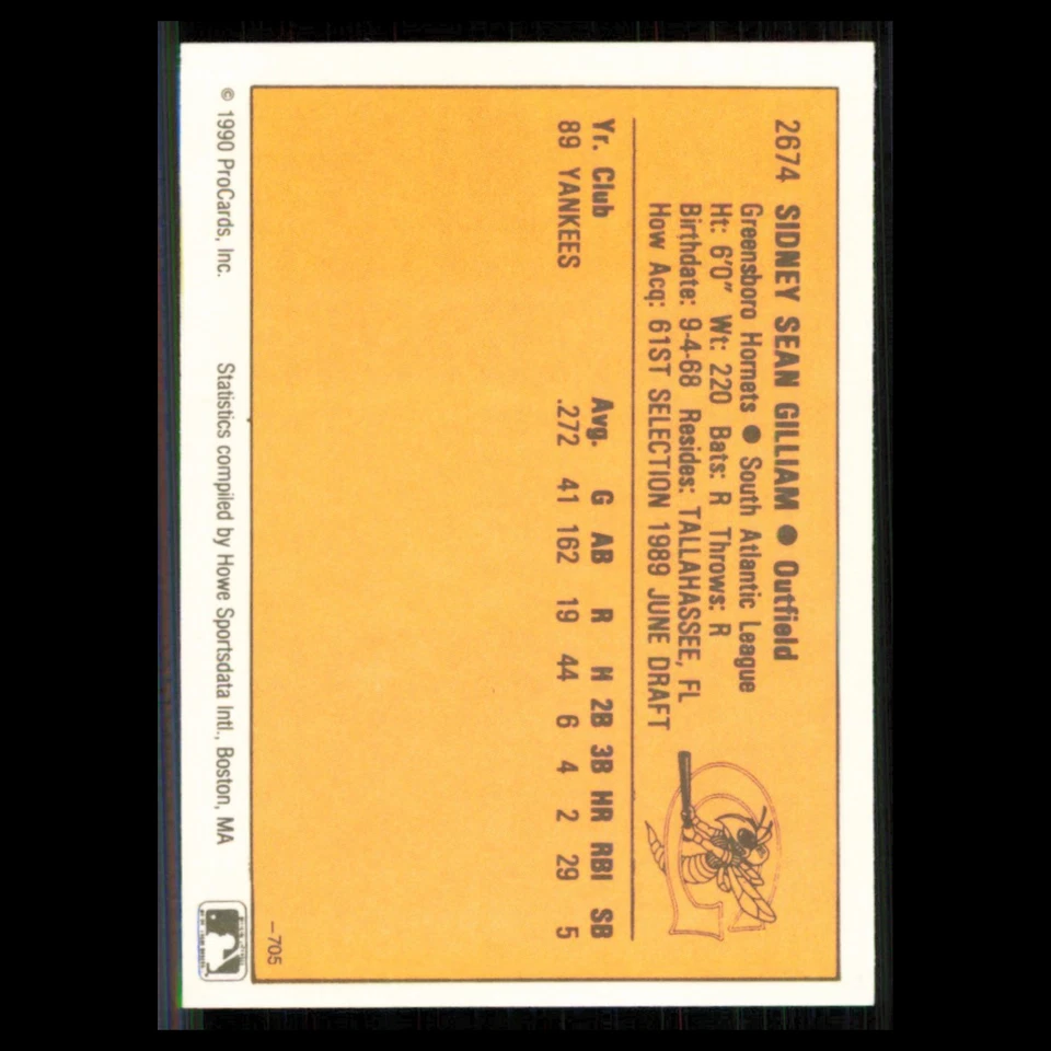 Sean Gilliam #2674 1990 ProCards Greensboro Hornets Baseball Card MLB NM - Image 2 of 3