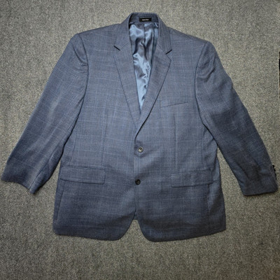 Joseph & Feiss Gold Blazer Men 48R Blue Windowpane Plaid Wool Sport Coat Jacket