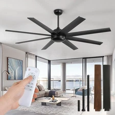 65 Inch Ceiling Fans No Light with Remote, Black Indoor/Outdoor Ceiling Fan W...