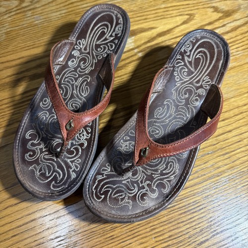 Olukai Paniolo Wedge Women's 6 Natural Flip Flop Brown Leather Comfort Sandals