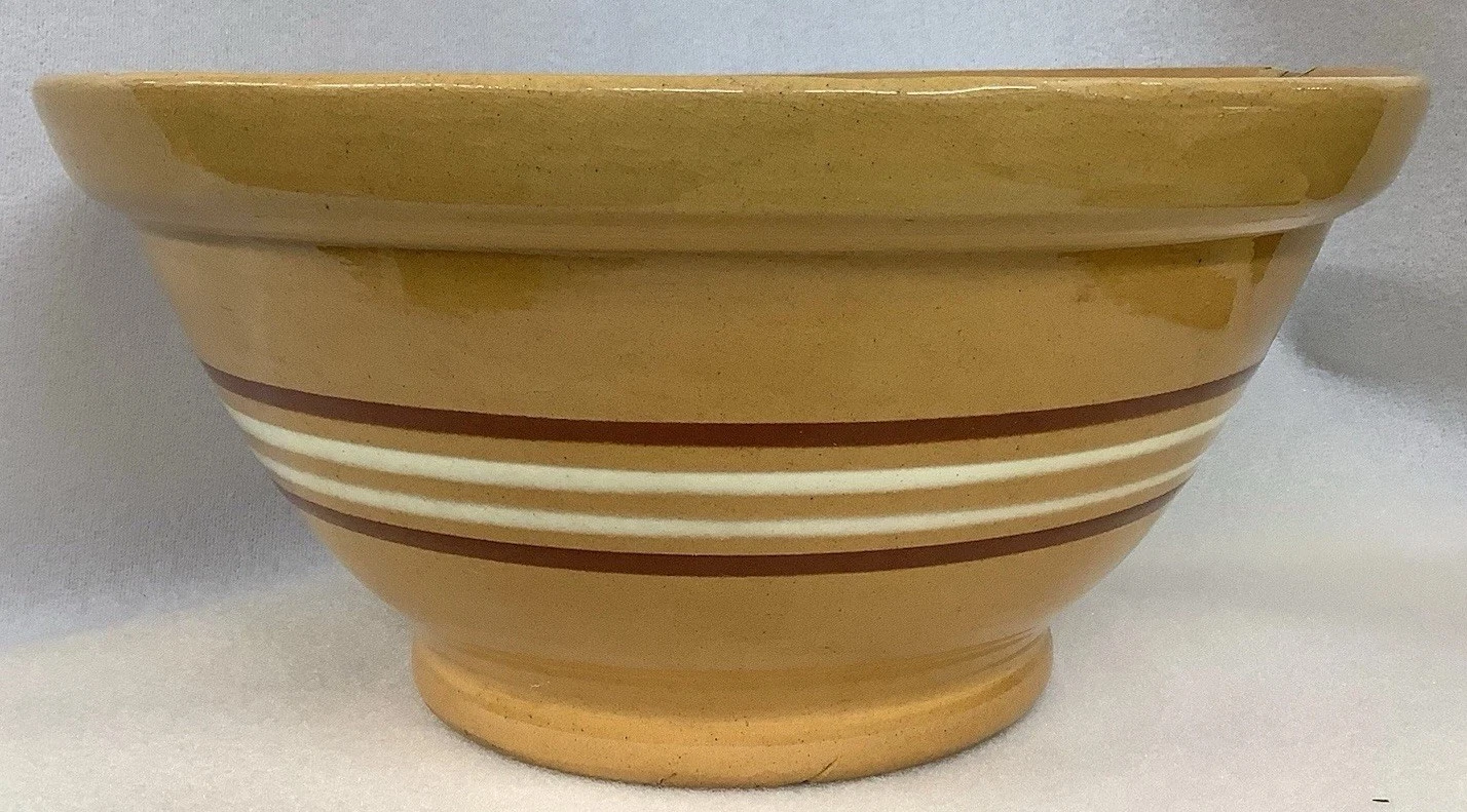 Large 13” Yellow Earthen Ware Late 1800s Four Banded W/ Rolled Rim Mixing Bowl
