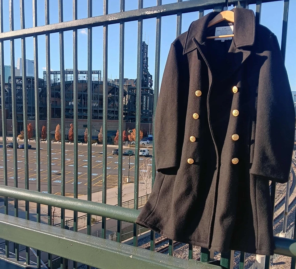 Abrigo Puente Azul Marino EE. UU. Chaquetón Negro 100% Lana Pesado Águila Botones Dorados  Foto 2 de 4