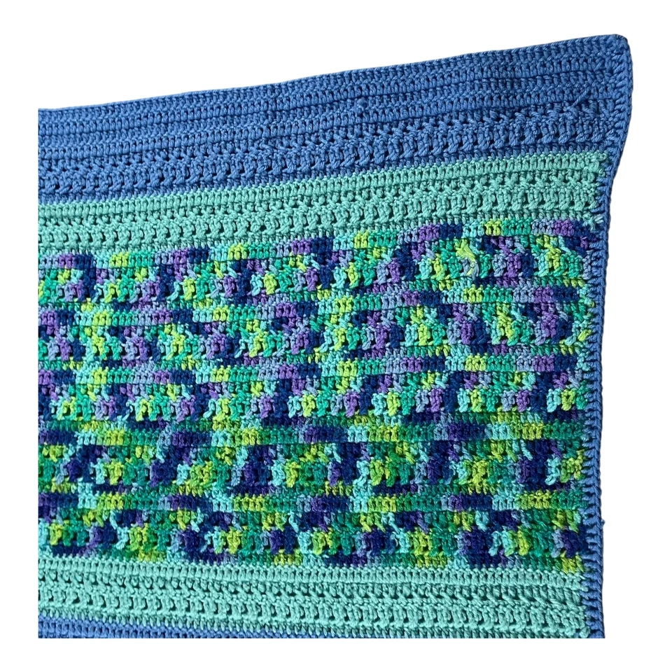 Handmade Crocheted 41" X 55" Blanket Throw Blue Green Purple Striped Cozy - Image 2 of 4
