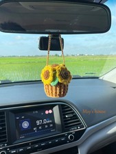 Crochet Sunflower Car Charm, Cute Mirror Hanging Accessory, Crochet Flower Decor