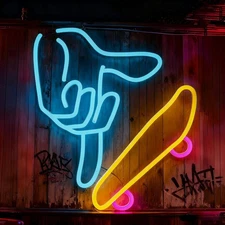 Finger Skateboards Neon Sign for Wall Decor, Dimmable Skateboard Fingerboard ...