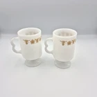 2 Pyrex Corelle Butterfly Gold Pedestal Coffee Mug 4.5” Milk Glass VINTAGE Cups