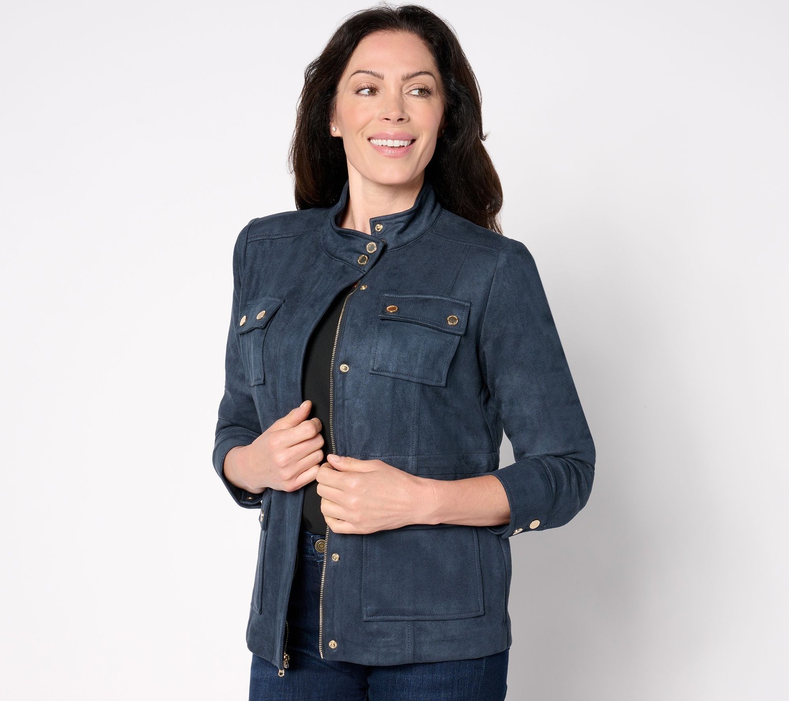 Isaac Mizrahi Live! Women's Jacket Sz M Estate Faux Suede Zip Front Black