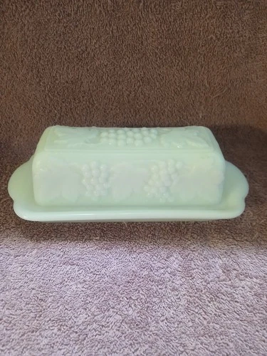 Vintage Indians White Milk Glass Covered Butter Dish Grape And Leaf Pattern