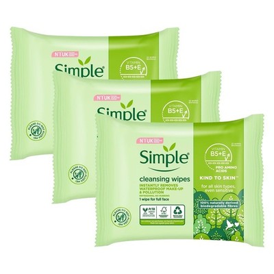 Simple Kind To Skin 25 Cleansing Facial Wipes 3 Pack Gentle Makeup Remover-USA