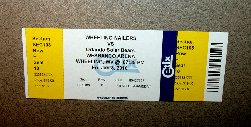 Wheeling Nailers 1/8/2016 ECHL Minor Hockey Ticket Stub vs Orlando