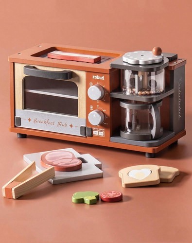 Wooden Breakfast Kitchen Playset Coffee Maker Toaster Griddle Play Food Pretend