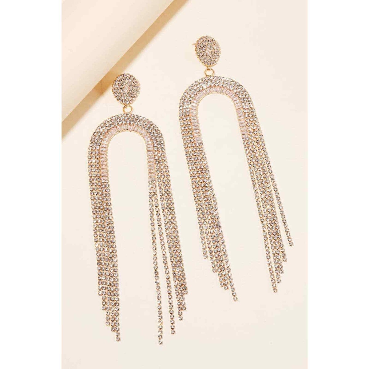 Pave Rhinestone Arch Fringe Statement Earrings