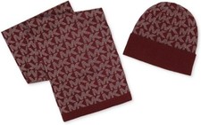 Michael Kors Logo Shine Gift Box Set 2 Pieces Hat Beanie Scarf Maroon One Size